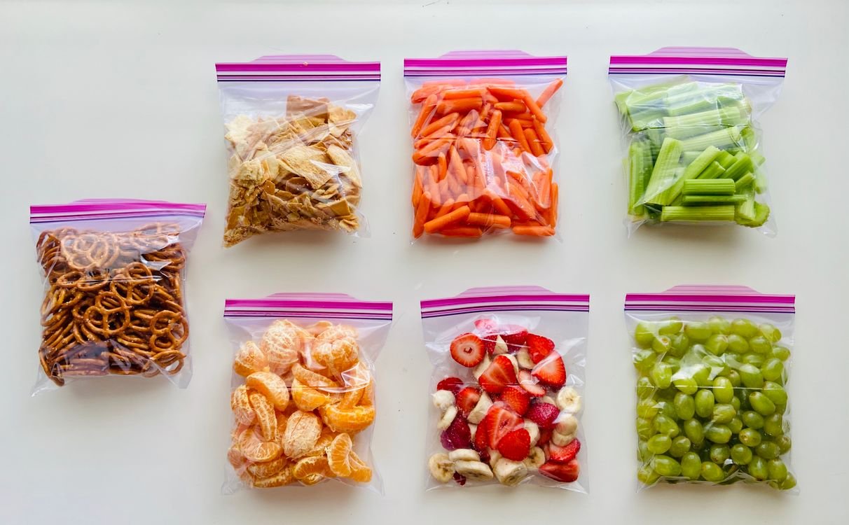 Assorted foods packed flat in zip-lock freezer bags